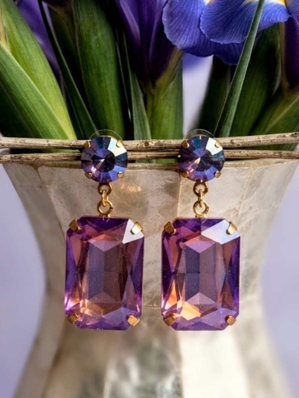 Swarovski Elements Purple Paradise Shine In Octagon Drop  Gold Plated Earrings